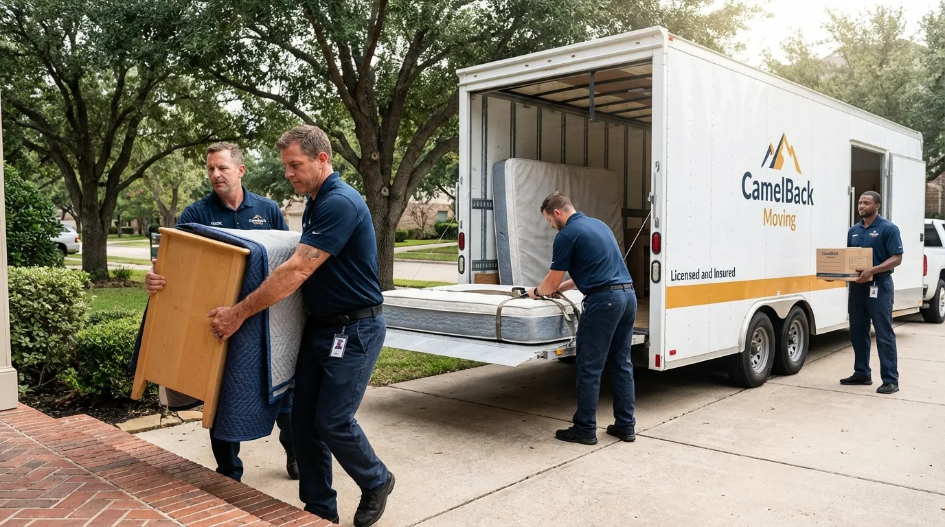 Crew loading residential truck for cross-state move from Edinburg, IL