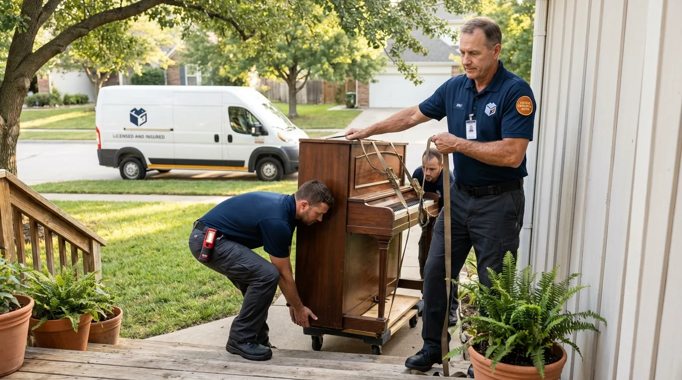 Licensed piano movers securing grand piano in Edinburg, IL