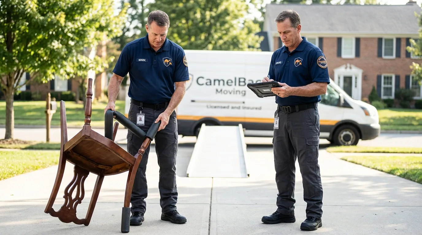 Movers inspecting furniture for damage prevention before loading in Edinburg, IL