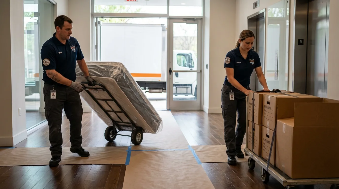Professional apartment movers loading elevator in Edinburg, IL