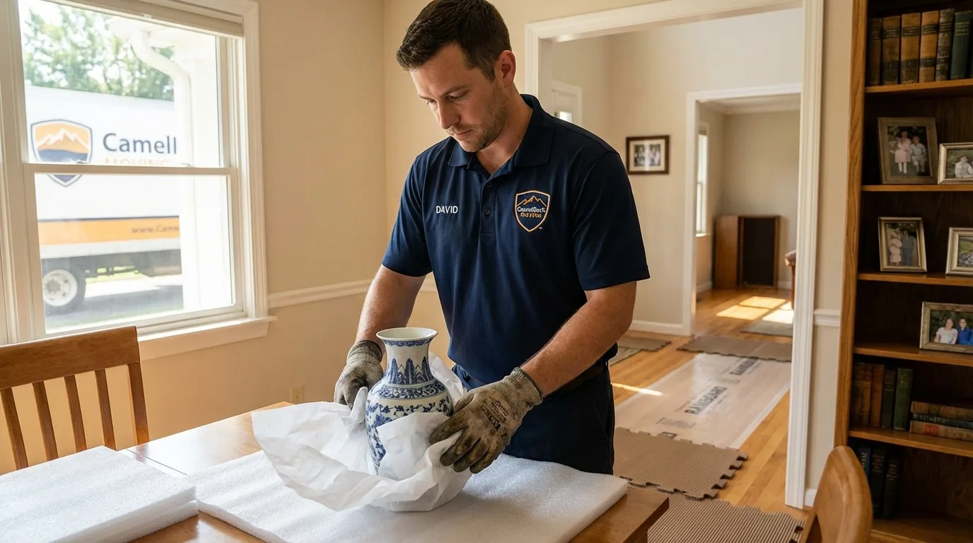 Professional crew carefully wrapping antique vase for senior downsizing move in Edinburg, IL