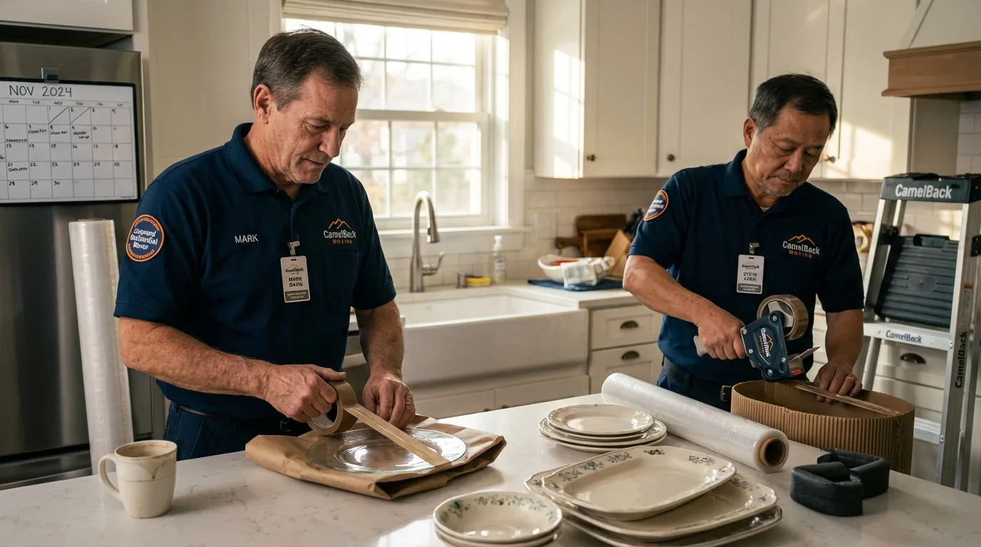 Professional crew packing kitchen dishware in Edinburg, IL